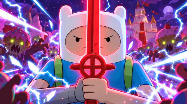 Candy Kingdom Defense official game thumbnail on Roblox showing Finn with a red sword
