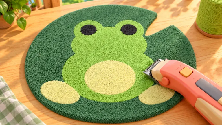 Make Rugs! official game thumbnail on Roblox: a frog rug being shaved