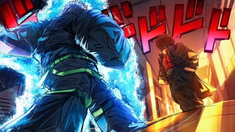 Morioh High official game thumbnail on Roblox: two characters squaring off with a blue Stand aura